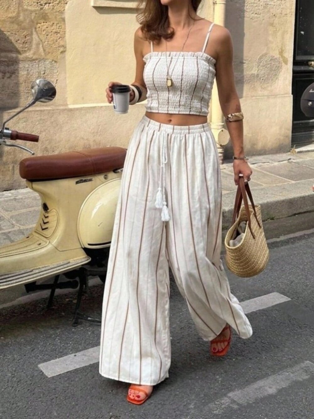Apricot Boho Women's Contrast Stripe Bandeau Top with Fringe Wide Leg Pants Set - Picture 5 of 9